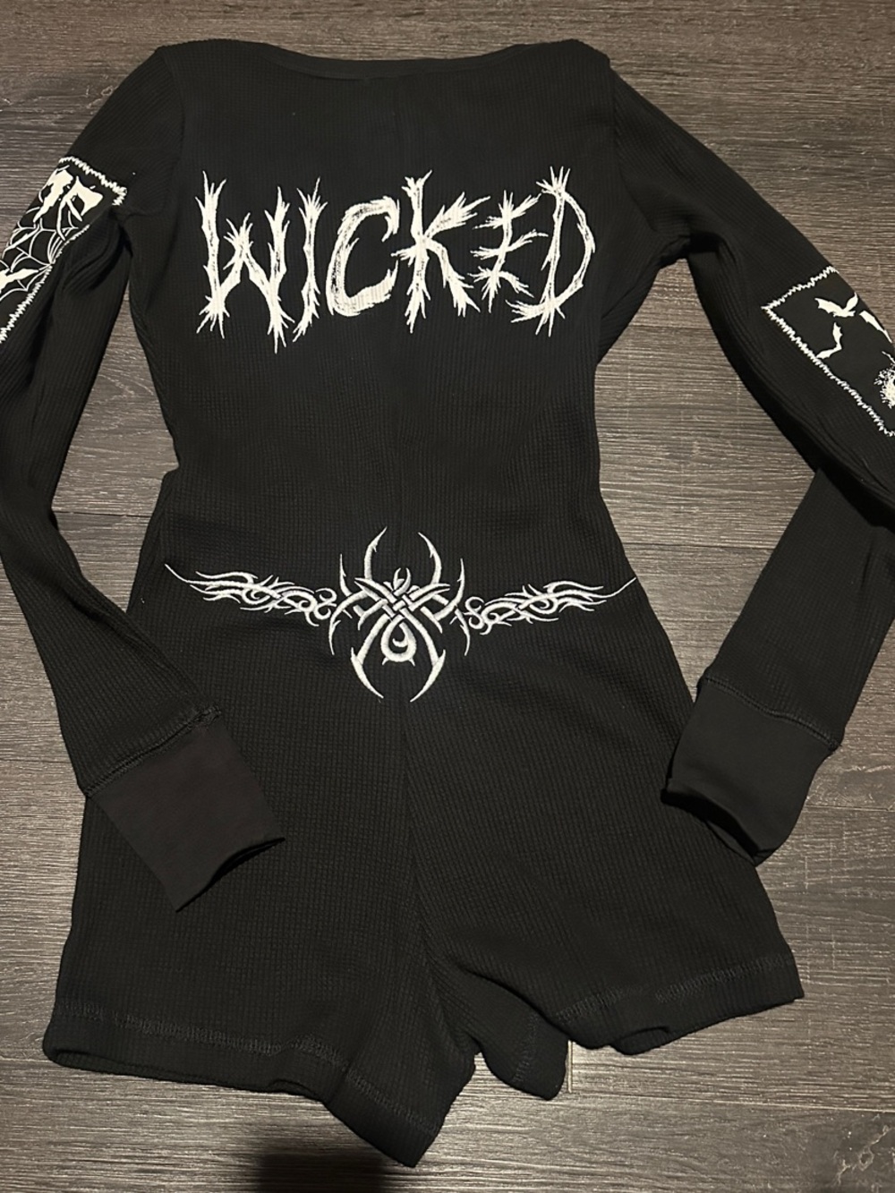 Black Wicked Tribal Gothic Skull Patch Long-Sleeve Women's Romper